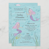 パープルマーメイドツインズオアシスターズ誕生日 招待状 (正面/裏面)