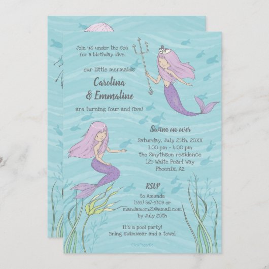 パープルマーメイドツインズオアシスターズ誕生日 招待状 (正面/裏面)