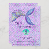 パープルマーメイドテーマガール誕生日招待状 招待状 (正面/裏面)