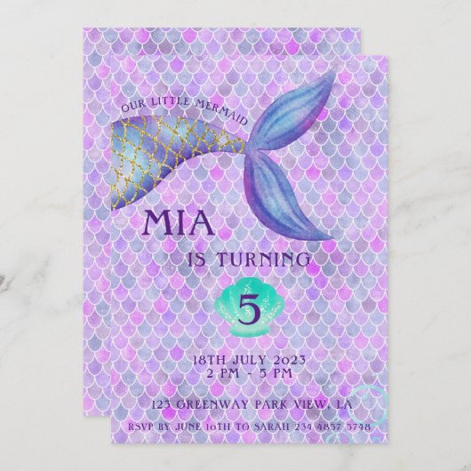 パープルマーメイドテーマガール誕生日招待状 招待状 (正面/裏面)