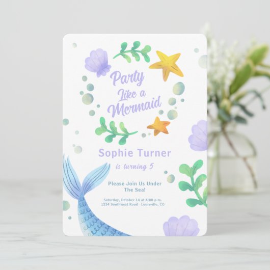 パープルマーメイドテールアンダーザシー誕生日 招待状 (スタンド正面)