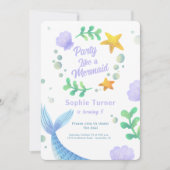 パープルマーメイドテールアンダーザシー誕生日 招待状 (正面)