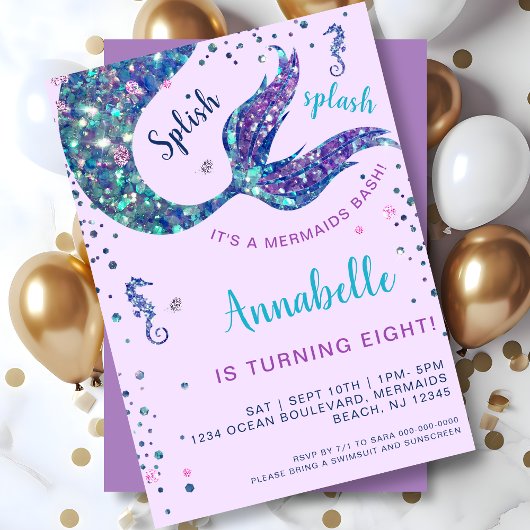 パープルマーメイドテールアンダーザシー誕生日 招待状