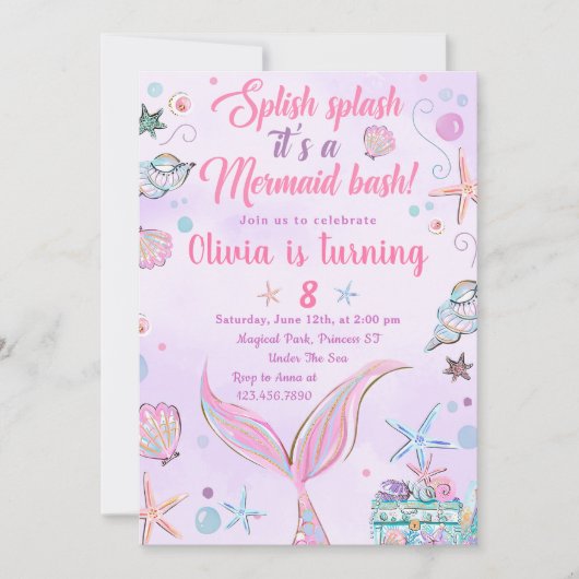 パープルマーメイドテール誕生日パーティーの招待 招待状 (正面)