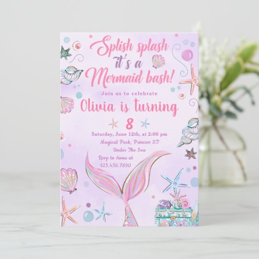 パープルマーメイドテール誕生日パーティーの招待 招待状 (スタンド正面)