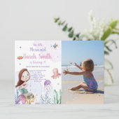 パープルマーメイドテール誕生日招待状w写真 招待状 (スタンド正面)