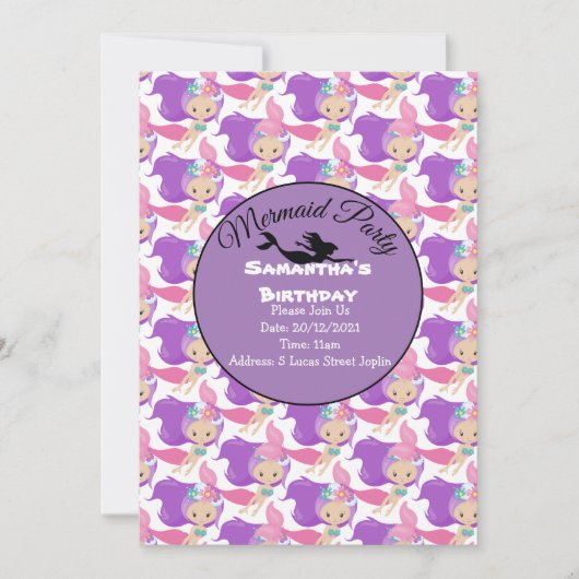 パープルマーメイドパーティーピンクの招待状 招待状 (正面)
