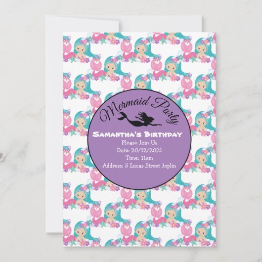 パープルマーメイドパーティーピンク招待状 招待状 (正面)
