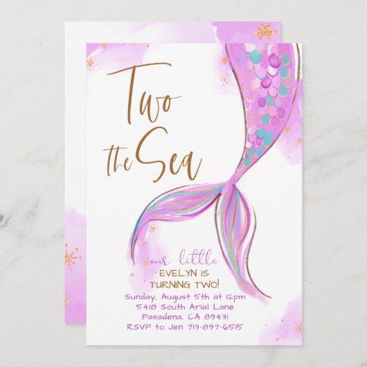 パープルマーメイドパーティー2海の2番目の誕生日 招待状 (正面/裏面)