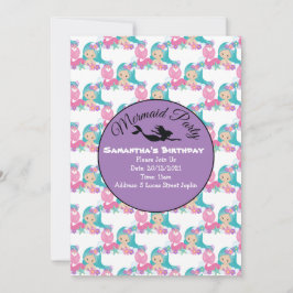 パープルマーメイドパーティー ピンクの招待状 招待状