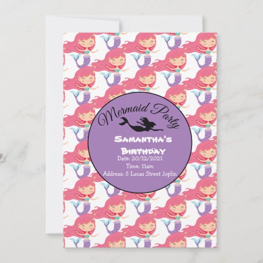 パープルマーメイドパーティー ピンクの招待状 招待状 (正面)