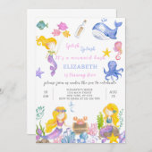 パープルマーメイドプリンセス誕生日招待状 招待状 (正面/裏面)