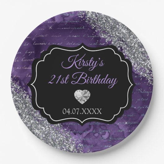 パープルマーメイドレターズシルバーグリッター誕生日 ペーパープレート (正面)