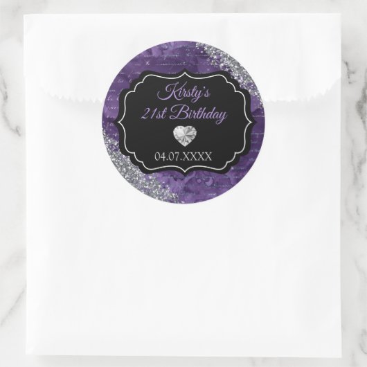 パープルマーメイドレターズシルバーグリッター誕生日 ラウンドシール (バッグ)