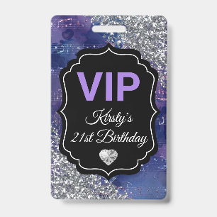 パープルマーメイドレターズシルバーグリッター誕生日VIP バッジ