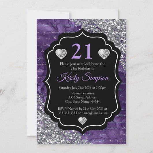 パープルマーメイド手書き文字シルバーグリッター 招待状 (正面)