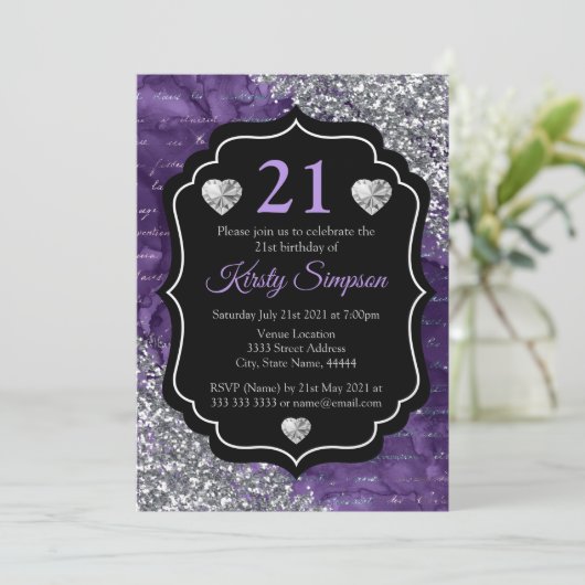 パープルマーメイド手書き文字シルバーグリッター 招待状 (スタンド正面)