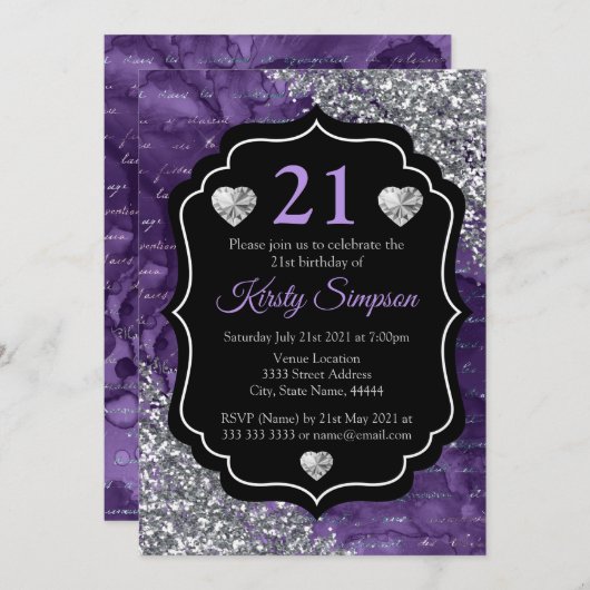 パープルマーメイド手書き文字シルバーグリッター 招待状 (正面/裏面)