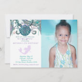 パープルマーメイド誕生日パーティフォト招待状 招待状 (正面)