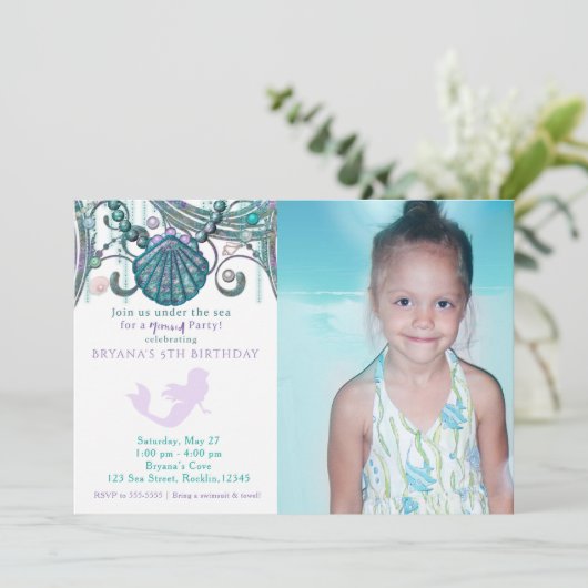 パープルマーメイド誕生日パーティフォト招待状 招待状 (スタンド正面)