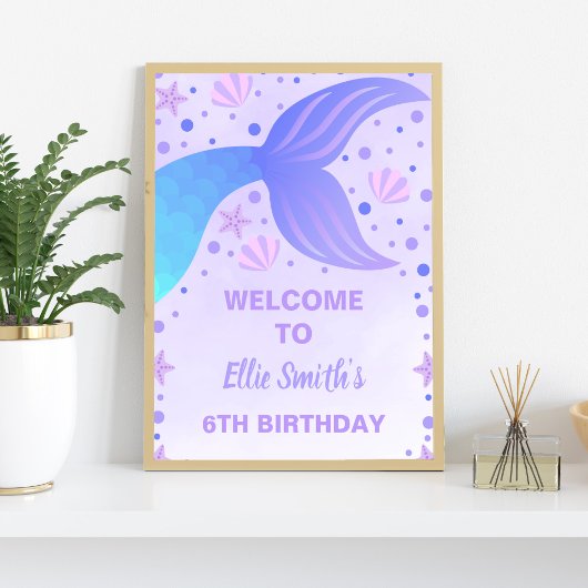 パープルマーメイド誕生日パーティー歓迎サイン ポスター