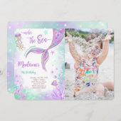 パープルマーメイド誕生日フォト招待状 招待状 (正面/裏面)