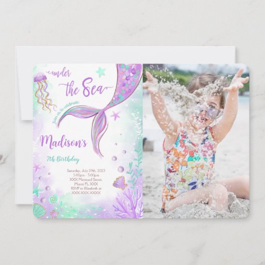 パープルマーメイド誕生日フォト招待状 招待状 (正面)