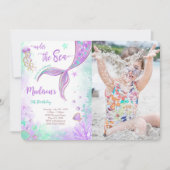 パープルマーメイド誕生日写真招待状 招待状 (正面)