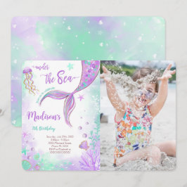 パープルマーメイド誕生日写真招待状 招待状