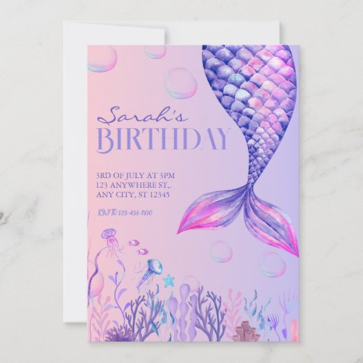 パープルマーメイド誕生日招待状 招待状 (正面)