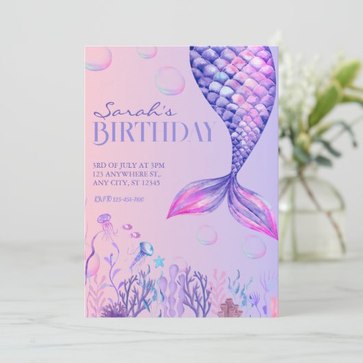パープルマーメイド誕生日招待状 招待状 (スタンド正面)