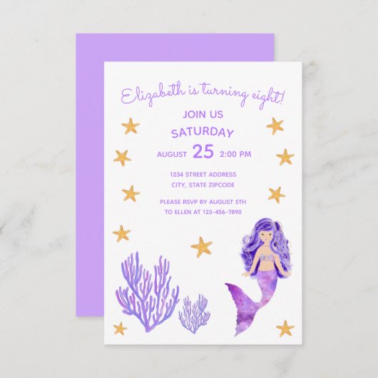 パープルマーメイド誕生日招待状 招待状 (正面/裏面)