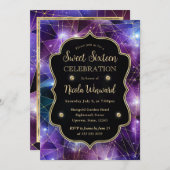 パープルミッドナイトクリスタル銀河系スウィート16写真 招待状 (正面/裏面)