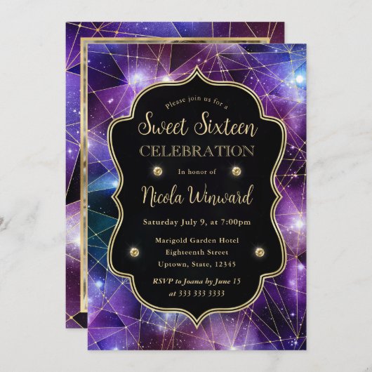 パープルミッドナイトクリスタル銀河系スウィート16写真 招待状 (正面/裏面)