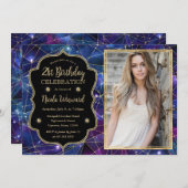 パープルミッドナイトクリスタル銀河系21st誕生日の写真 招待状 (正面/裏面)