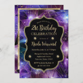 パープルミッドナイトクリスタル銀河系21st誕生日の写真 招待状 (正面/裏面)