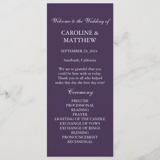 パープルミニマルシンプルリストモダンエレガントな結婚式 プログラム (正面)