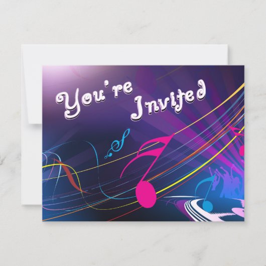 パープルミュージカルノート誕生祝い 招待状 (正面)