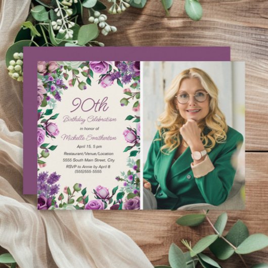 パープルミントグリーンフローラル90歳の誕生日写真 招待状
