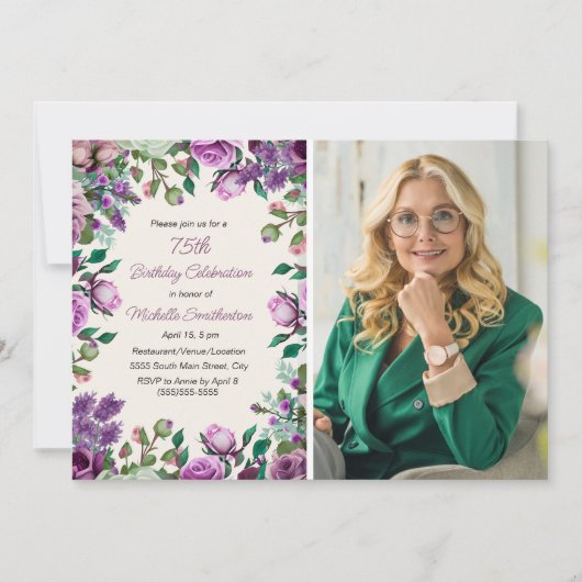 パープルミントグリーンフローラ75誕生日写真 招待状 (正面)