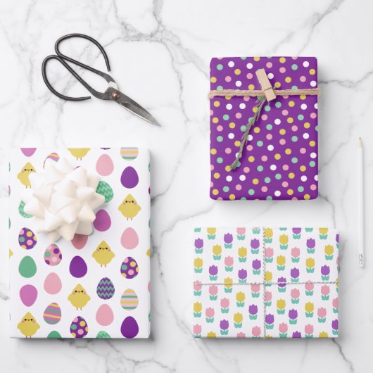 パープルミントチキンエッグチューリップイースターパターン ラッピングペーパーシート (正面)