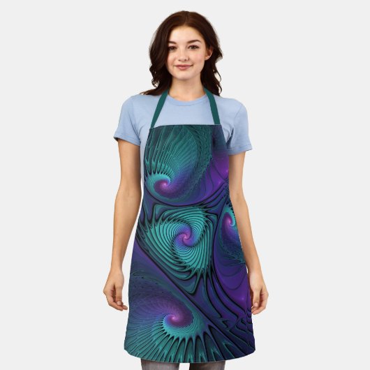 パープルミートターコイズモダン抽象芸術フラクタル エプロン (着用した状態)