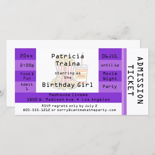 パープルムービーナイトパーティー入場チケット招待状 (正面/裏面)