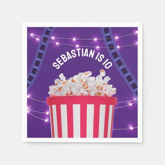 パープルムービーナイトポップコーンボックス子供の誕生日パーティー スタンダードカクテルナプキン (正面)