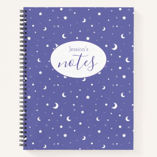 パープルムーンズアンドスターズ名前をカスタムする ノートブック (正面)