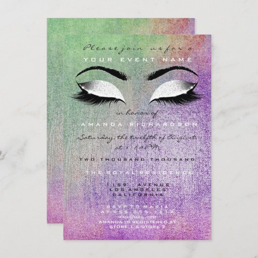 パープルメイクアップホワイトミントグリッター16ブライダル 招待状 (正面/裏面)