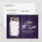 パープルメイソンの素朴jar木製の結婚式の日付を保存 案内ポストカード (正面/裏面)