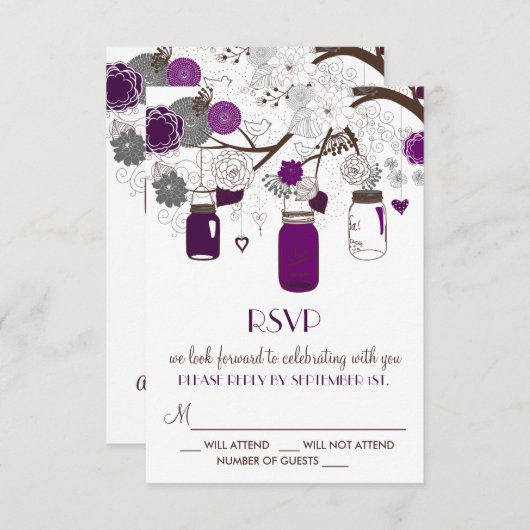 パープルメイソンジャースとフラワーウェディングRSVPカード 出欠カード (正面/裏面)