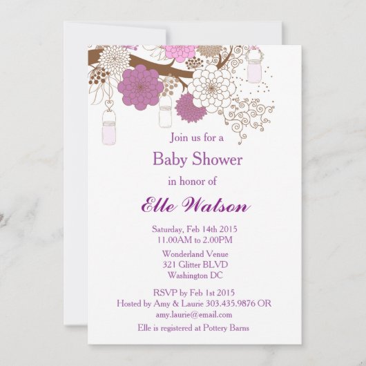 パープルメイソンジャーベビーシャワーブライダルシャワー招待状 招待状 (正面)