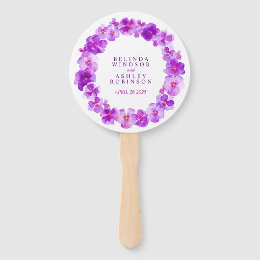 パープルメイブパンジー水彩結婚式プログラムファン ハンドファン (正面)